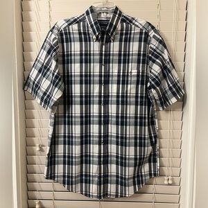 Roundtree & Yorke Men’s Medium Button Front Shirt Short Sleeve Blue Plaid Casual